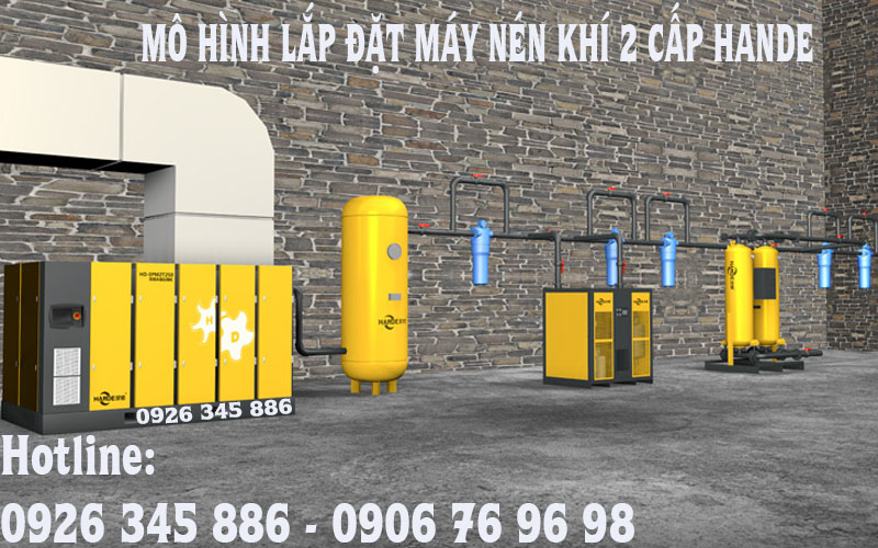 mô hình lắp đặt máy nén khí 2 cấp Hande
