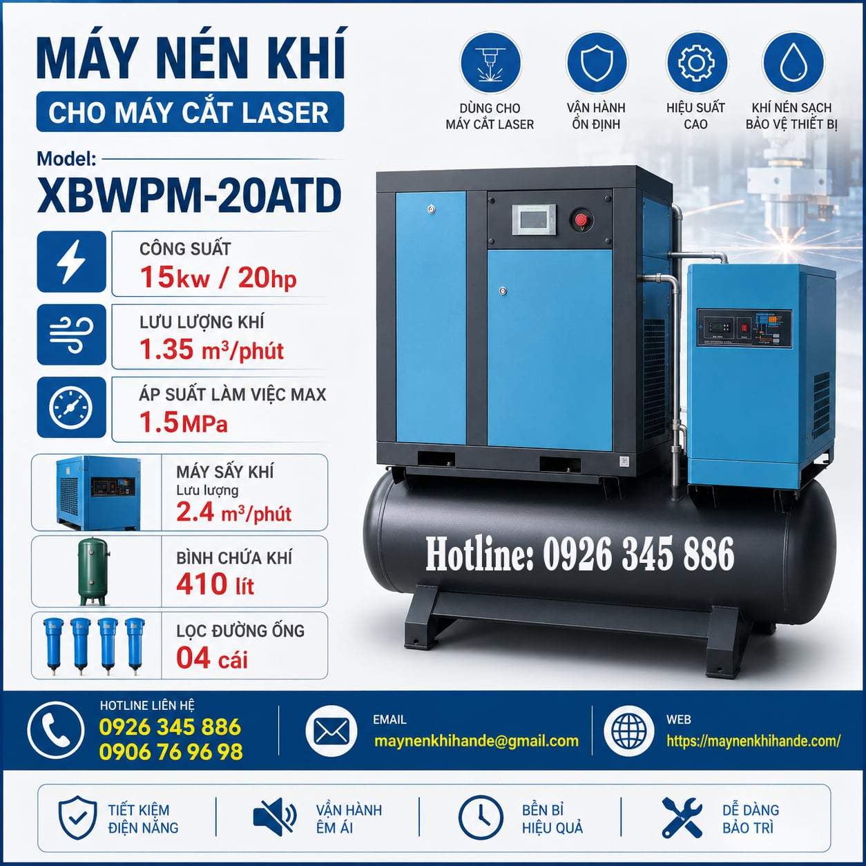 máy nén khí Xinlei 20hp cho máy cắt laser