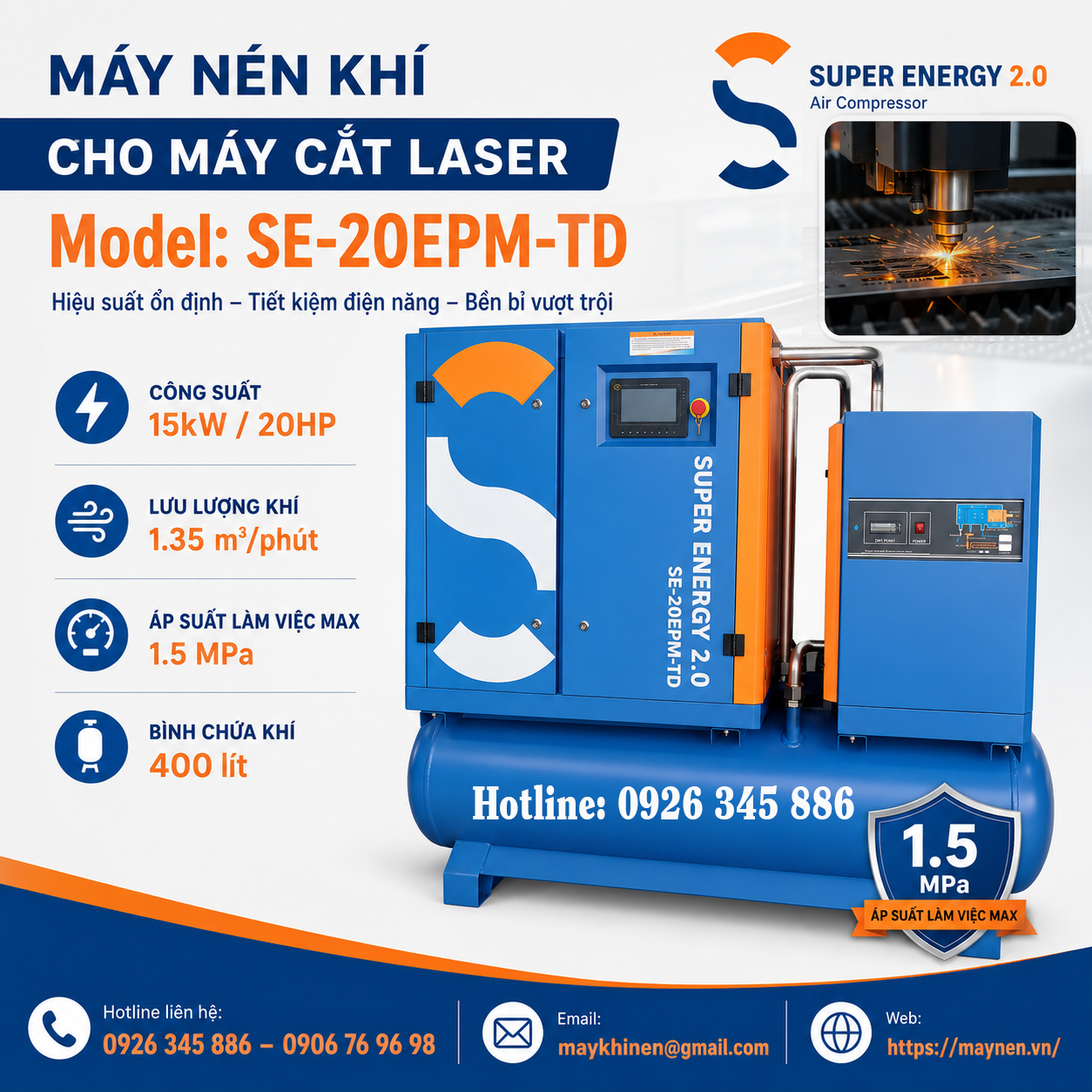 máy nén khí cho máy cắt laser 20hp