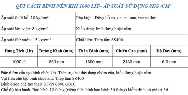Thông số kỹ thuật bình nén khí 1000 lít
