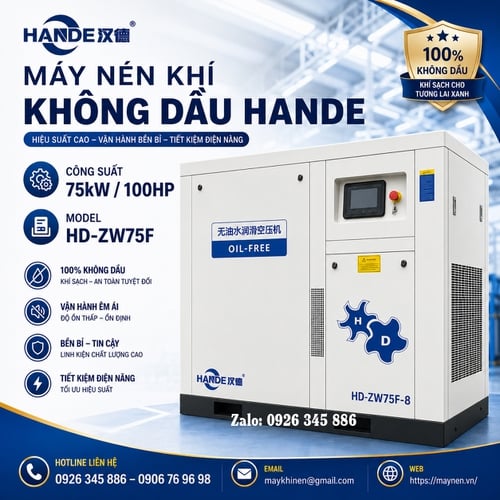 Máy Nén Khí Không Dầu Hande 100hp 