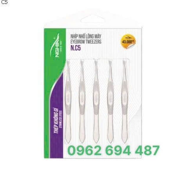 Kềm Nghĩa N.C5 - Vỉ 5 Cây Nhíp Nhổ Lông Mày Đầu Xéo Inox