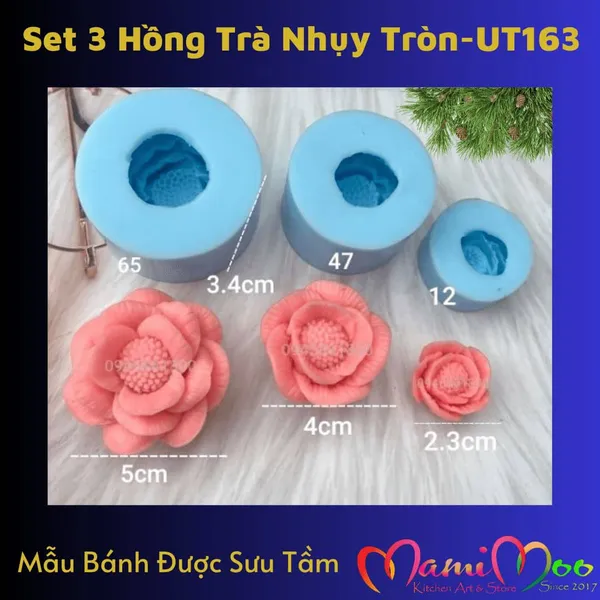 Khuôn Silicon Set 3 Hoa Hồng Trà Nhụy Tròn - UT163