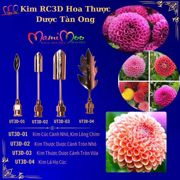 Kim RC3D hoa thược dược tàn ong trang trí bánh kem rau câu - UT3D-01-02-03-04