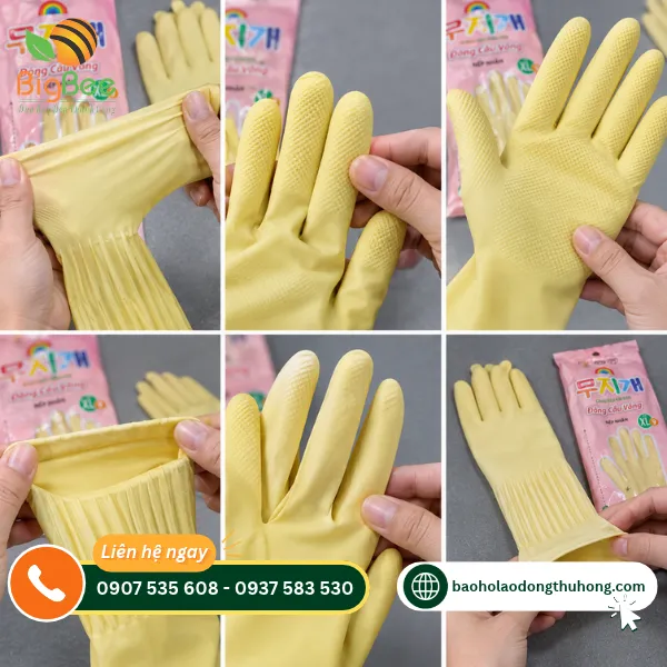 Cận cảnh độ co giãn và bề mặt vân nổi của găng tay Đông Cầu Vồng Cận cảnh độ co giãn và bề mặt vân nổi của găng tay Đông Cầu Vồng