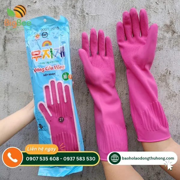 Găng tay cao su Đông Cầu Vồng màu hồng với cổ tay nếp nhăn Găng tay cao su Đông Cầu Vồng màu hồng với cổ tay nếp nhăn