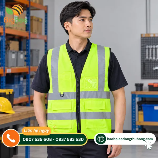 Áo gile bảo hộ xanh chuối mặc ngoài đồng phục tại xưởng Áo gile bảo hộ xanh chuối mặc ngoài đồng phục tại xưởng