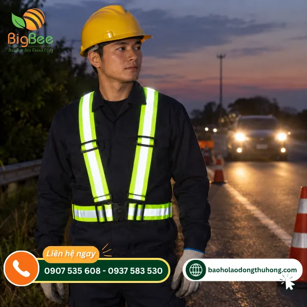 Công nhân mặc áo dây phản quang khi làm việc ven đường Công nhân mặc áo dây phản quang khi làm việc ven đường