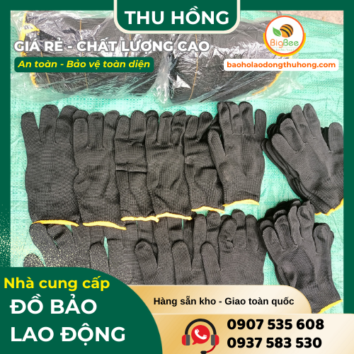 Găng tay poly đen 50g giá siêu rẻ khi mua tại Zalo Thu Hồng Bán găng tay poly màu đen 50g viền vàng siêu đẹp giá rẻ tại TPHCM