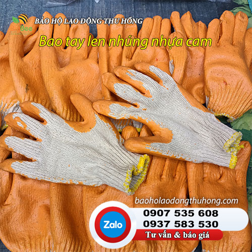 Bao tay len sợi nhúng nhựa màu cam 03 Bao tay len sợi nhúng nhựa màu cam 03