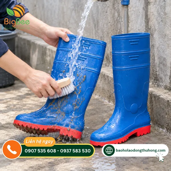 Chà rửa bùn đất trên thân ủng sau khi làm việc Chà rửa bùn đất trên thân ủng sau khi làm việc