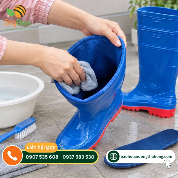 Lau sạch bên trong ủng PVC Thùy Dương bằng khăn mềm Lau sạch bên trong ủng PVC Thùy Dương bằng khăn mềm