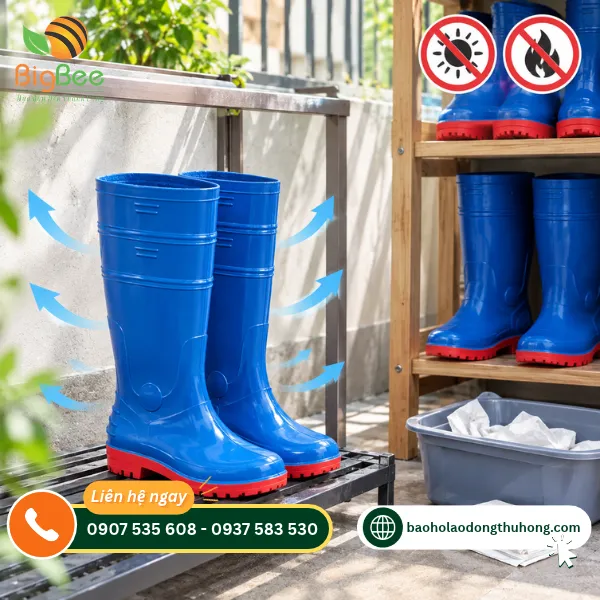 Hong khô và cất giữ ủng nơi thoáng mát, tránh nắng và nguồn nhiệt Hong khô và cất giữ ủng nơi thoáng mát, tránh nắng và nguồn nhiệt
