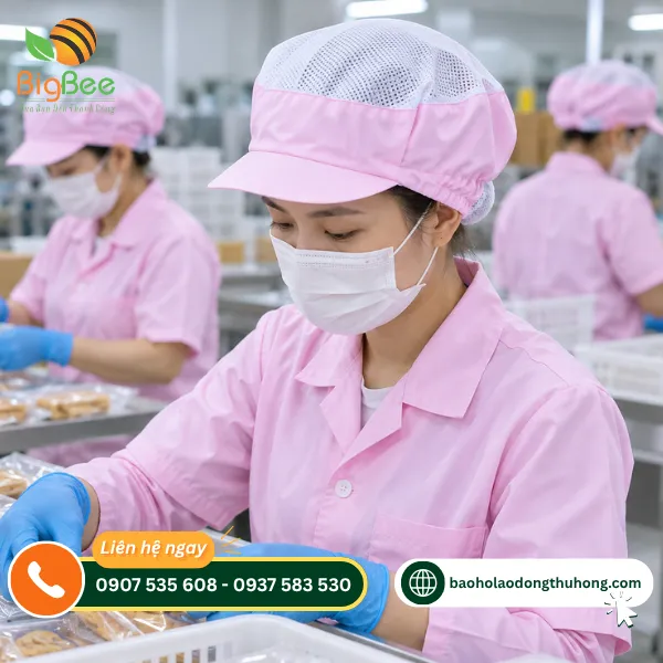 Công nhân đeo nón trùm tóc màu hồng khi đóng gói thực phẩm Công nhân đeo nón trùm tóc màu hồng khi đóng gói thực phẩm