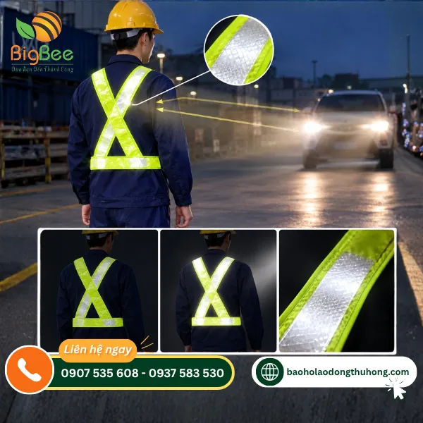 Dây đeo phản quang giúp nhận diện người lao động khi có ánh đèn chiếu vào Dây đeo phản quang giúp nhận diện người lao động khi có ánh đèn chiếu vào