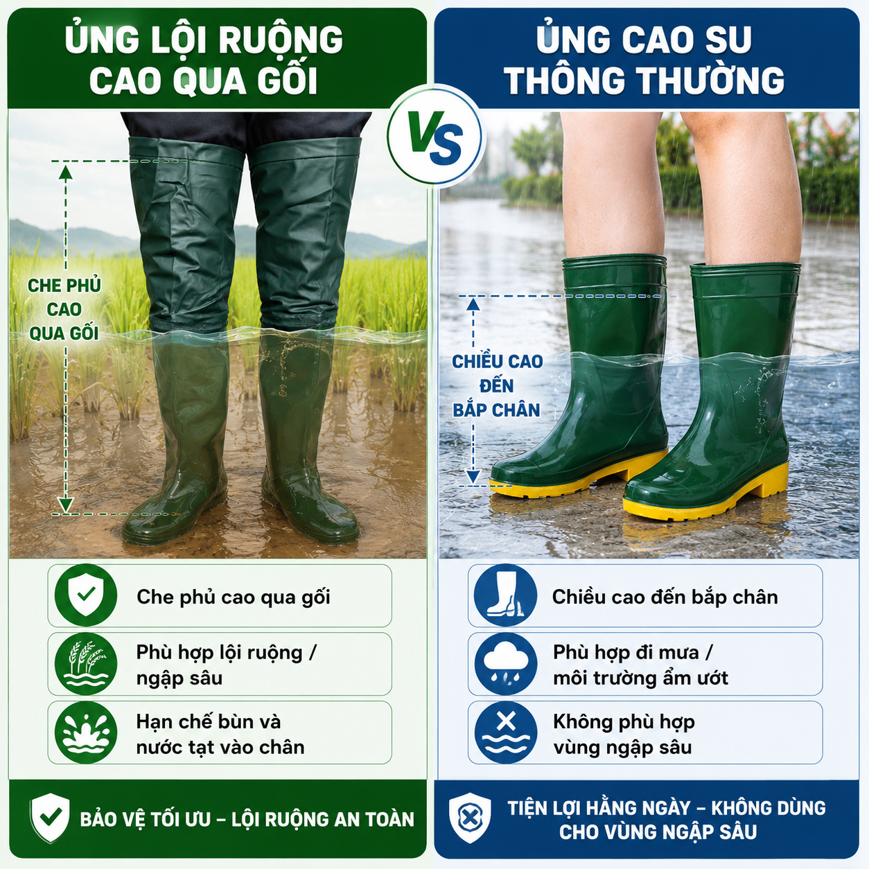 Điểm khác biệt giữa ủng lội ruộng cao cổ và ủng thấp cổ Điểm khác biệt giữa ủng lội ruộng cao cổ và ủng thấp cổ