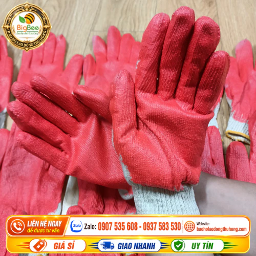 Găng tay len phủ nhựa đỏ sợi dệt Găng tay len phủ nhựa đỏ sợi dệt