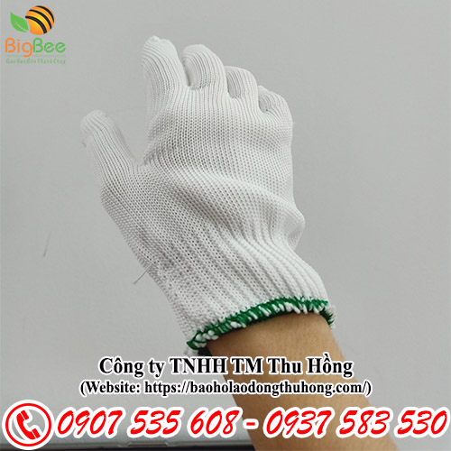 găng tay len poly trắng viền xanh