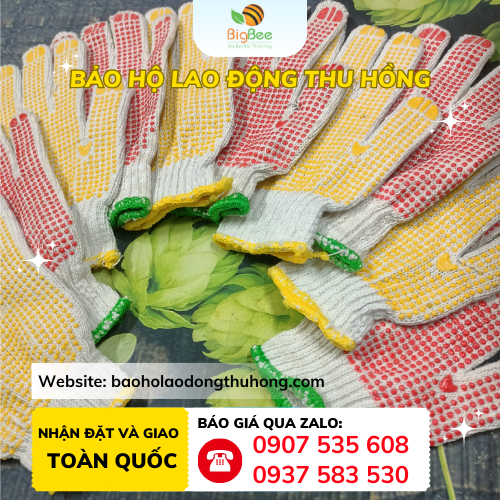 Găng tay phủ hạt nhựa đỏ vàng 60g-70g-90g Găng tay phủ hạt nhựa đỏ vàng siêu bám - giá ưu đãi kho xưởng