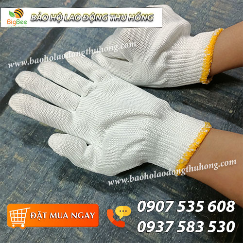 Găng tay sợi poly màu trắng 70g viền vàng Găng tay sợi poly màu trắng 70g viền vàng
