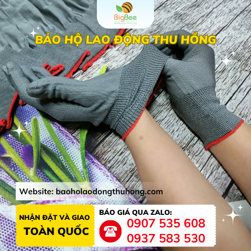 Găng tay thun xám có viền đỏ dùng trong xưởng sản xuất TPHCM Găng tay thun xám có viền đỏ dùng trong xưởng sản xuất TPHCM