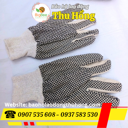 Găng tay vải bạt phủ hạt nhựa đen Găng tay vải bạt phủ hạt nhựa đen