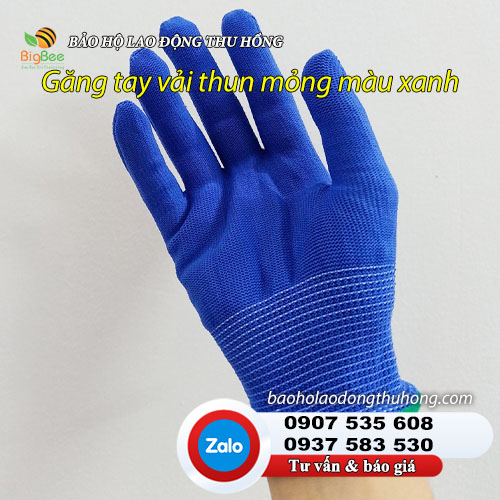 Găng tay vải thun mỏng màu xanh cổ tay viền 01 Găng tay vải thun mỏng màu xanh cổ tay viền 01