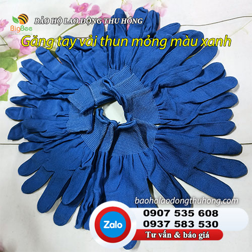 Găng tay vải thun mỏng màu xanh cổ tay viền 02 Găng tay vải thun mỏng màu xanh cổ tay viền 02