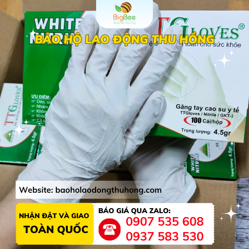 Găng tay y tế Nitrile không bột TTGLoves màu trắng Găng tay y tế Nitrile trắng TTGloves chống hoá chất