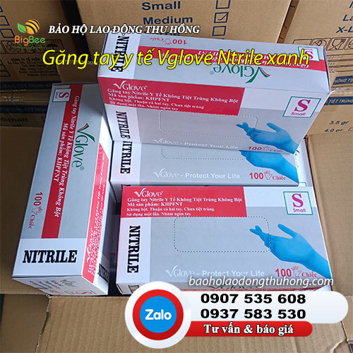 Găng tay y tế Vglove Nitrile hộp 100 chiếc Găng tay y tế Vglove Nitrile màu xanh dương hộp 100 chiếc
