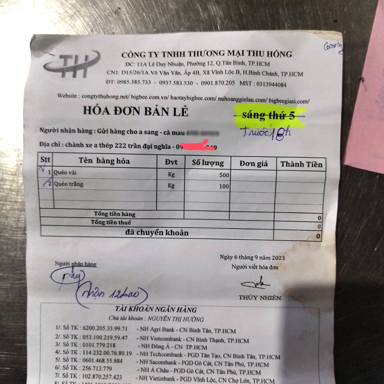 hóa đơn giao hàng 500kg vải lau hóa đơn giao hàng 500kg vải lau