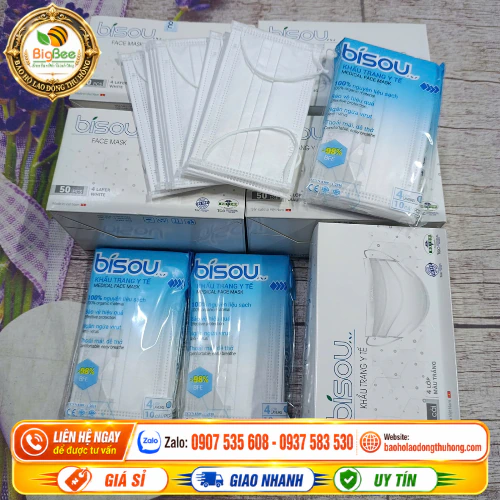 Khẩu trang y tế 4 lớp màu trắng BISOU Khẩu trang y tế BISOU trắng dày 4 lớp chống bụi mịn