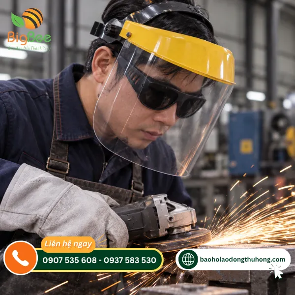 Kết hợp kính bảo hộ và tấm che mặt khi mài kim loại Kết hợp kính bảo hộ và tấm che mặt khi mài kim loại