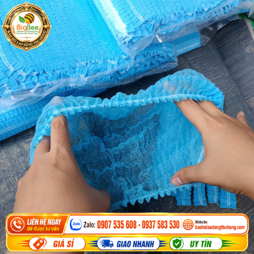 Mũ trùm đầu y tế màu xanh vải không dệt cao cấp Mũ trùm đầu y tế màu xanh vải không dệt cao cấp