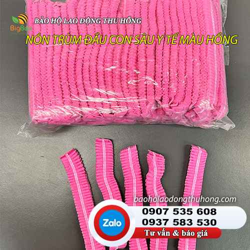 Nón trùm tóc con sâu y tế màu hồng đóng bịch 100 cái Nón trùm tóc con sâu y tế màu hồng dùng 1 lần 02