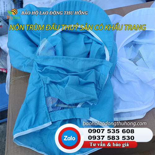 Nón thủy sản có khẩu trang đảm bảo vệ sinh cho nhà máy Nón vải trùm đầu thuỷ sản có khẩu trang 02
