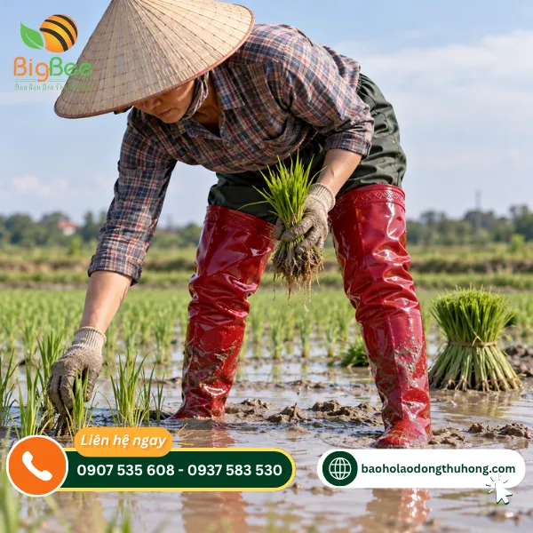 Nông dân mang ủng cao qua gối khi cấy lúa Nông dân mang ủng cao qua gối khi cấy lúa