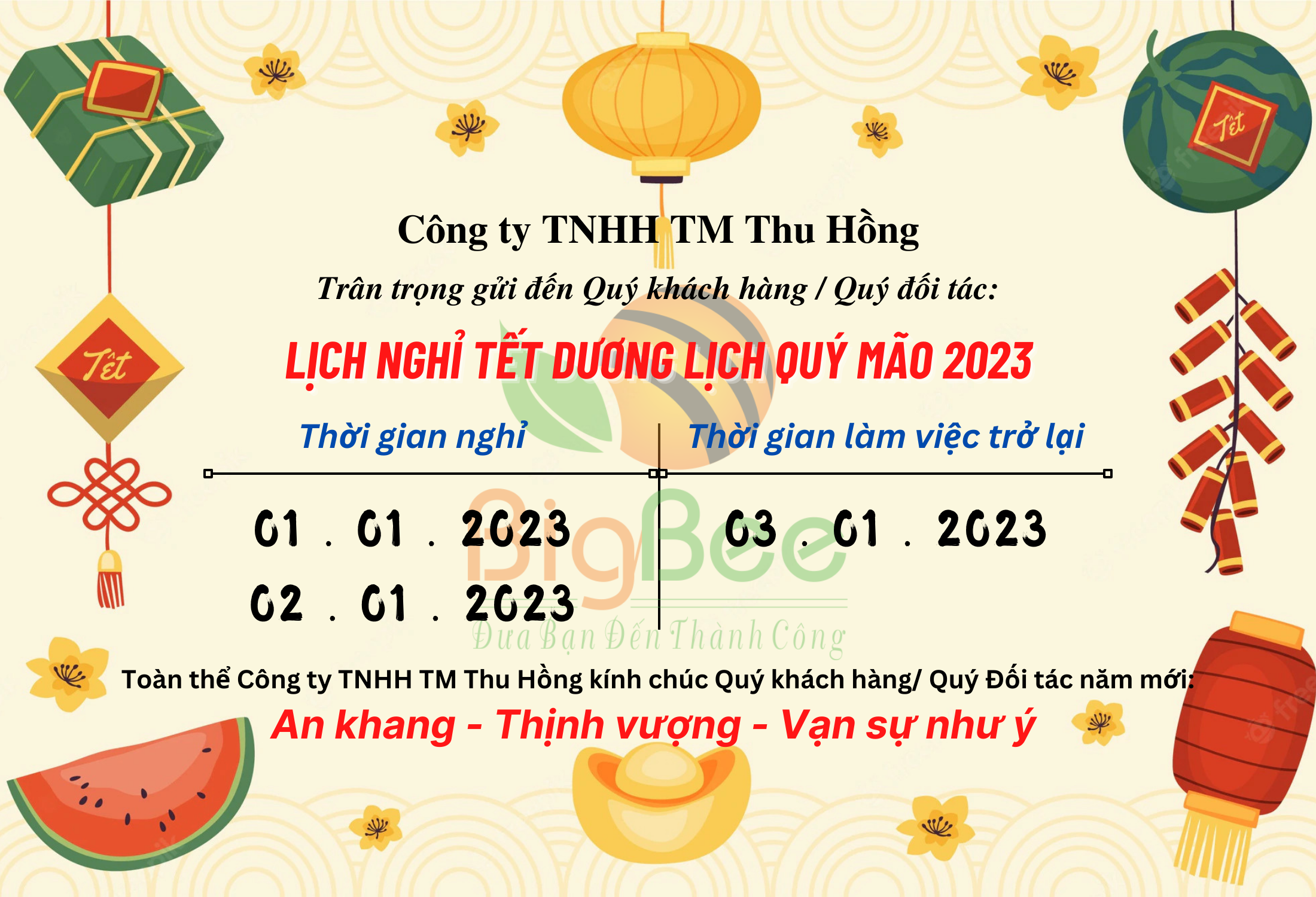thông báo lịch nghỉ tết dương lịch 2023 công ty thu hồng