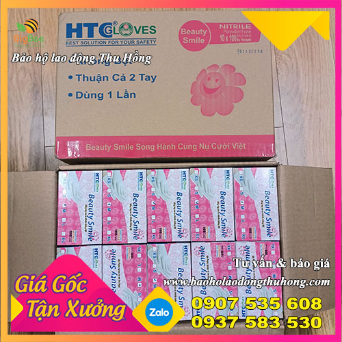 Thùng 10 hộp găng tay Nitrile không bột màu trắng HTC Beauty Smile Thùng 10 hộp găng tay Nitrile không bột màu trắng HTC Beauty Smile
