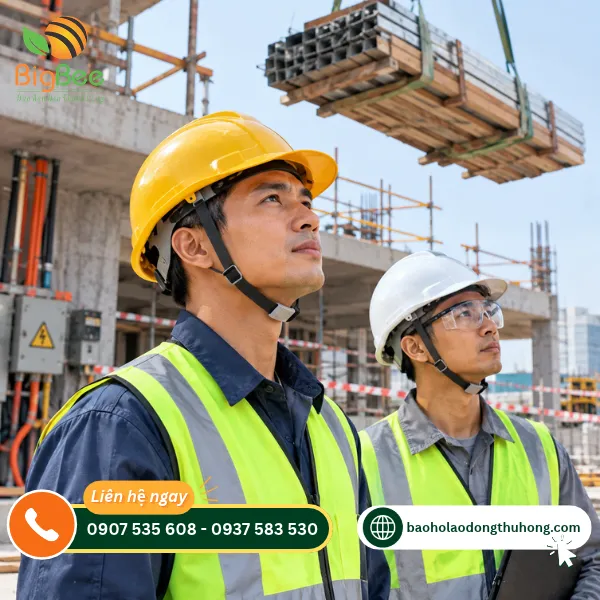 Công nhân đội nón bảo hộ vàng và trắng tại công trường xây dựng Công nhân đội nón bảo hộ vàng và trắng tại công trường xây dựng