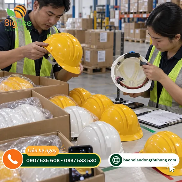 Kiểm tra ngoại quan và phụ kiện nón bảo hộ trước khi đóng hàng Kiểm tra ngoại quan và phụ kiện nón bảo hộ trước khi đóng hàng