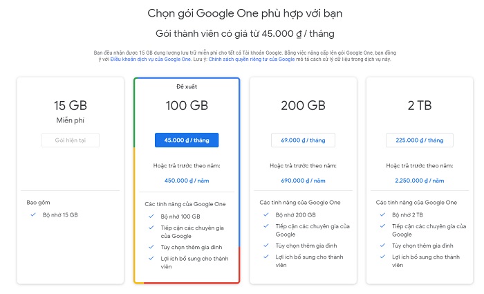 Bảng giá tài khoản Google Drive có phí Bảng giá tài khoản Google Drive có phí