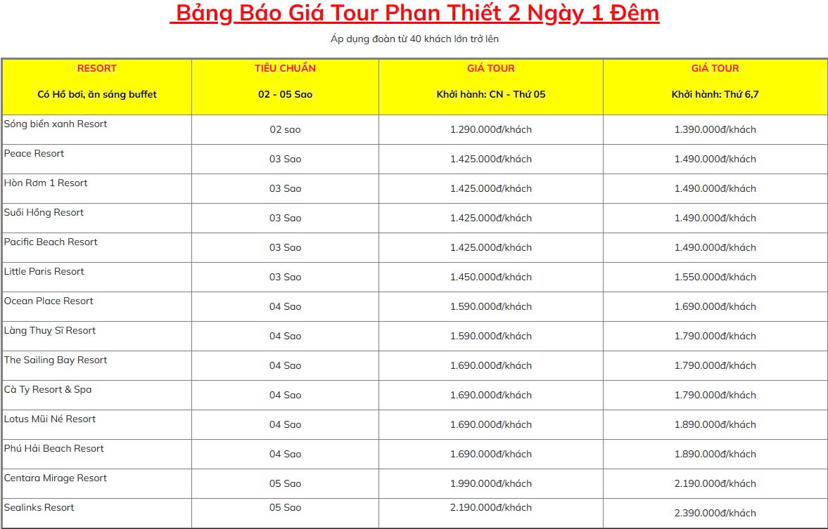 Bảng báo giá tour Phan Thiết mũi Né Bảng báo giá tour Phan Thiết mũi Né