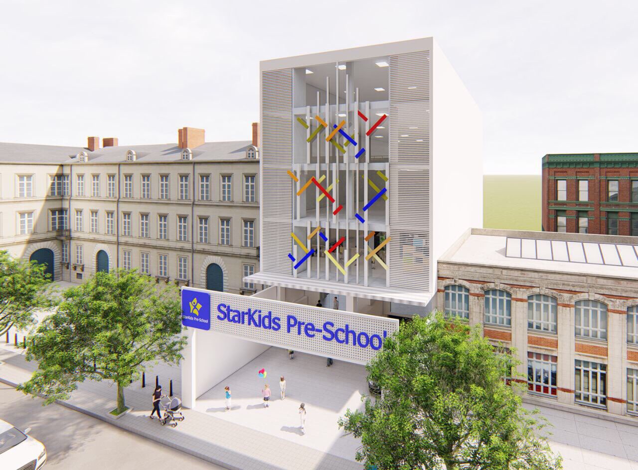 Mặt tiền trường mầm non thiết kế và thi công bởi Kiến Trúc Xanh Mặt tiền trường mầm non thiết kế và thi công bởi Kiến Trúc Xanh