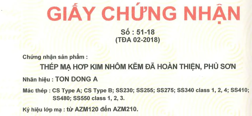 Giấy chứng nhận phù hợp tiêu chuẩn tôn lạnh màu (thép mạ nhôm kẽm phủ sơn)