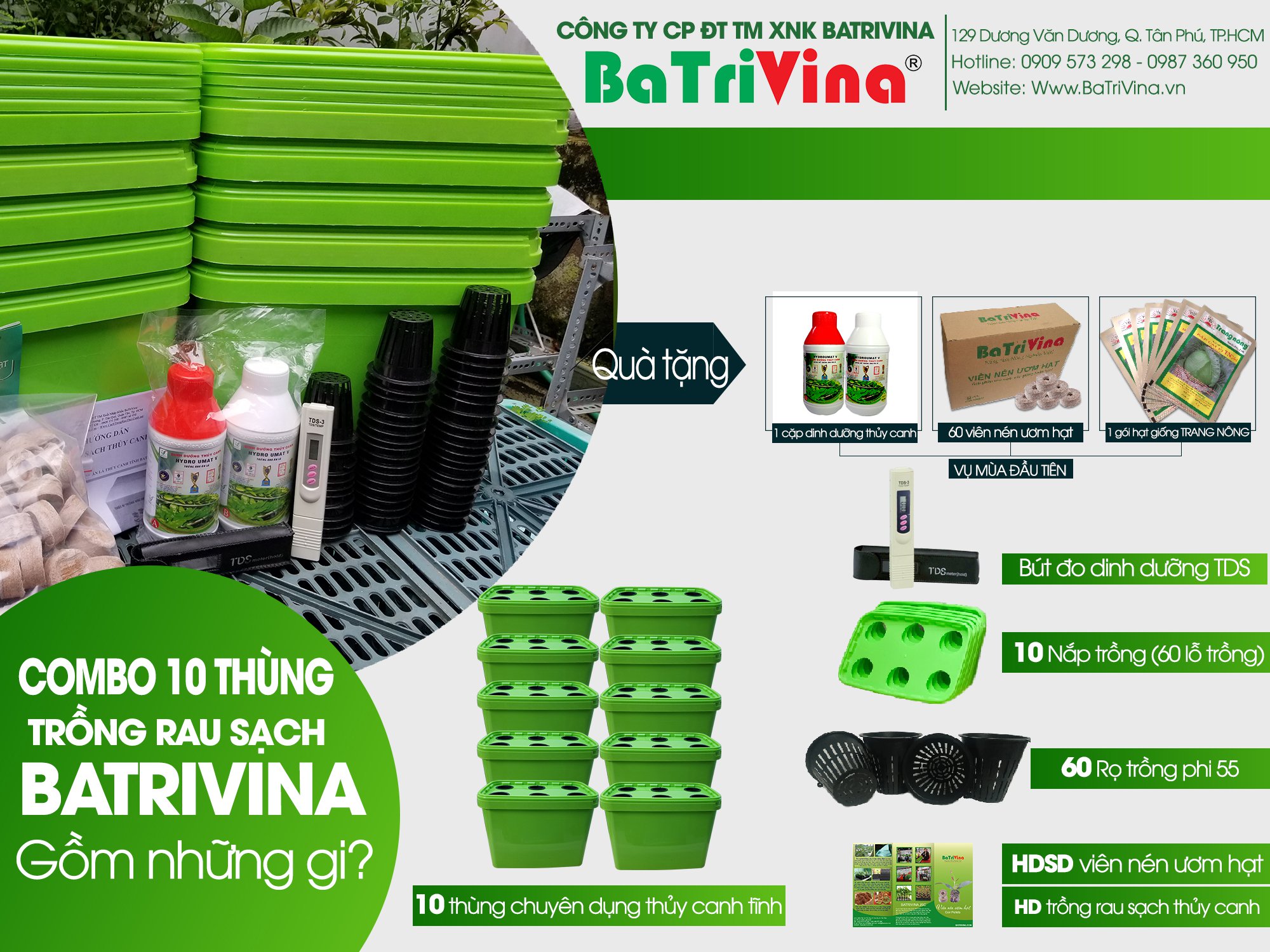 Combo 10 thùng trồng rau ăn lá thủy canh tĩnh BaTriVina (Đầy đủ phụ kiện trồng)