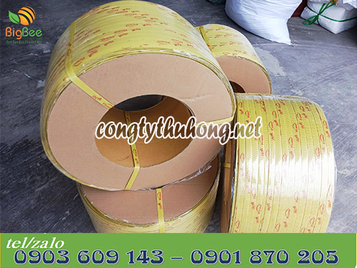 Dây đai nhựa pp vàng in logo cuộn 10kg
