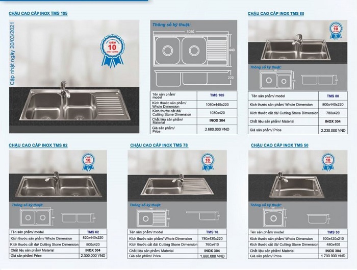 Kích thước chậu rửa chén inox Toàn Mỹ Kích thước chậu rửa chén inox Toàn Mỹ