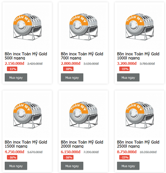 Giá Bồn nước inox Toàn Mỹ gold ngang Giá Bồn nước inox Toàn Mỹ gold ngang