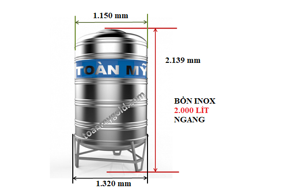 Kích thước Bồn inox Toàn Mỹ 2000 lít Đứng